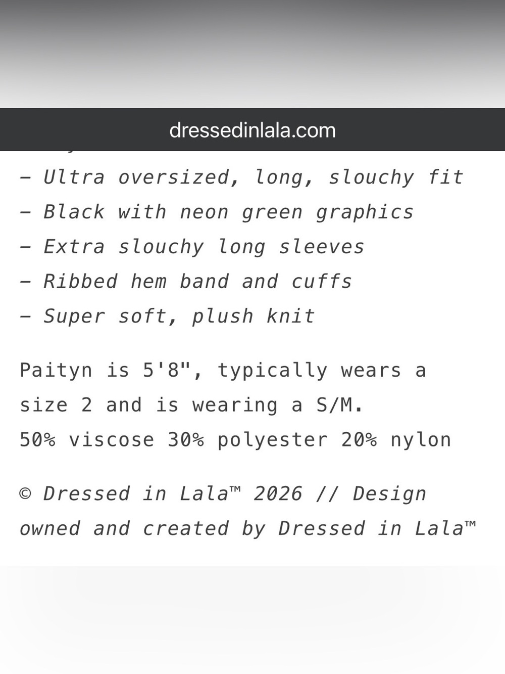 Dressed in LALA Sweater with Neon Green Slogan on Back and Smiley Face Front - Picture 9 of 9